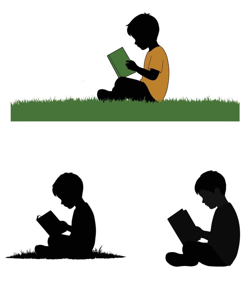 Boy Reading Books Silhouette - Educational Illustration vector