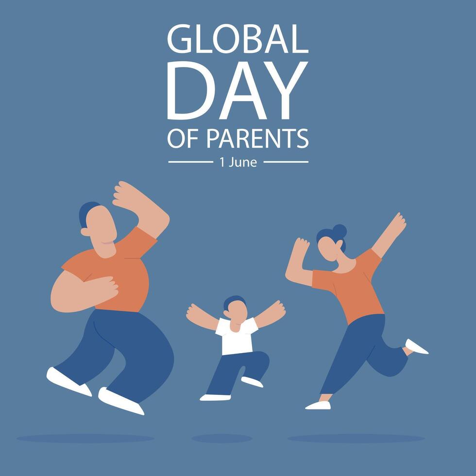 illustration graphic of both parents and child jump together, perfect for international day, global day of parents, celebrate, greeting card, etc. vector