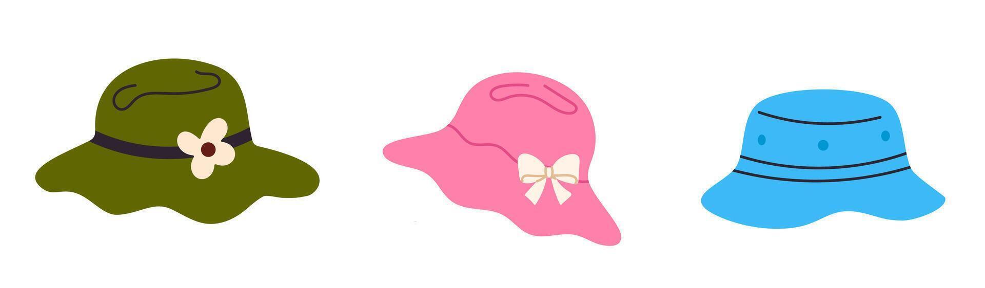 Set of decorative wide brimmed womens hats in pink, green, and blue, featuring bows and floral elements vector