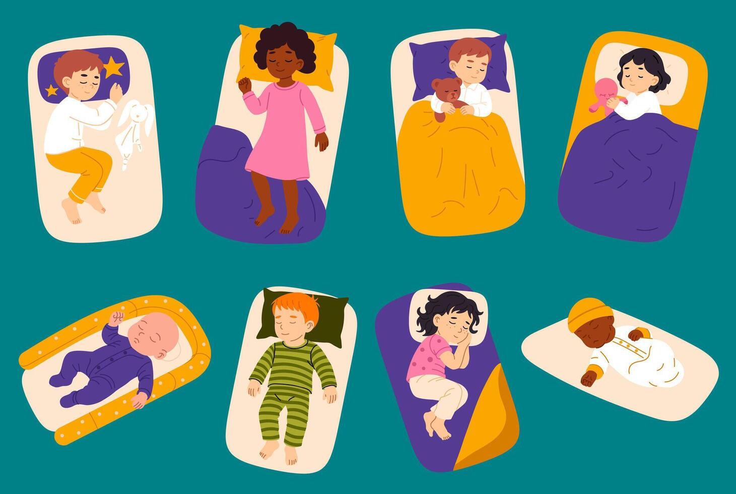 Illustration of eight children and babies sleeping peacefully in beds or swaddles, wearing pajamas and cuddling plush toys, shown in various sleep positions on a teal background vector