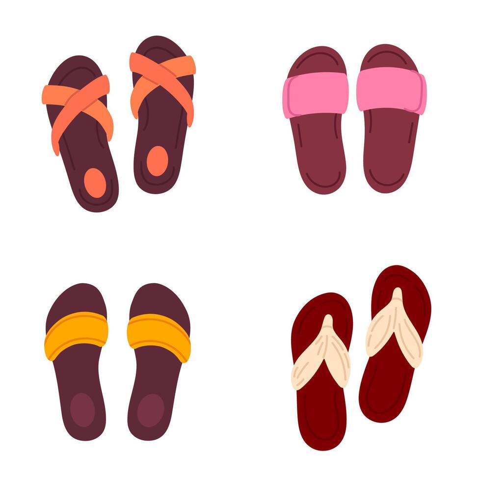 Collection of summer sandals and flip-flops in various colors on white background vector