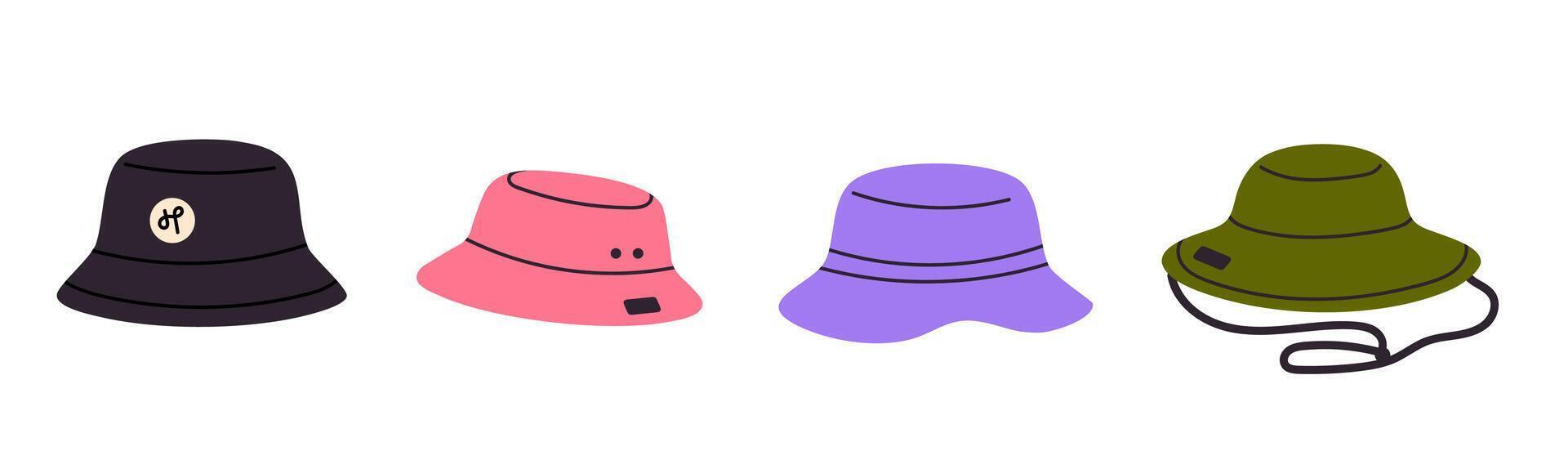 Set of trendy bucket hats in various colors and shapes, including outdoor and fashion styles for casual wear vector
