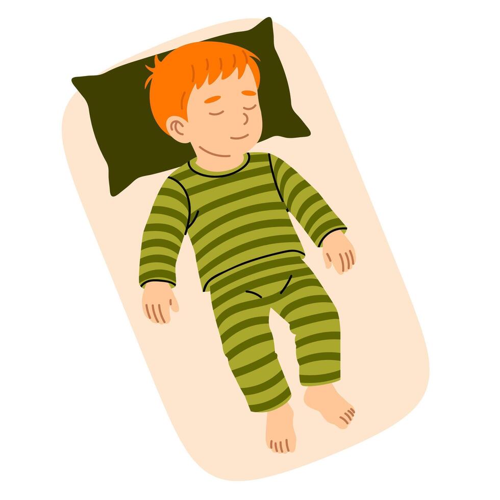 Young boy sleeping flat on his back in striped green pajamas with head on pillow vector