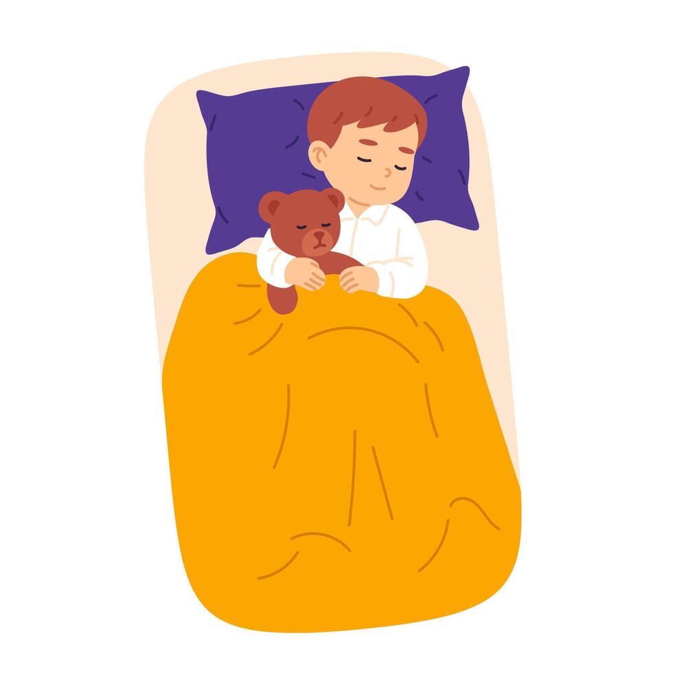 Boy sleeping peacefully in bed while hugging a brown teddy bear under a yellow blanket on white background vector