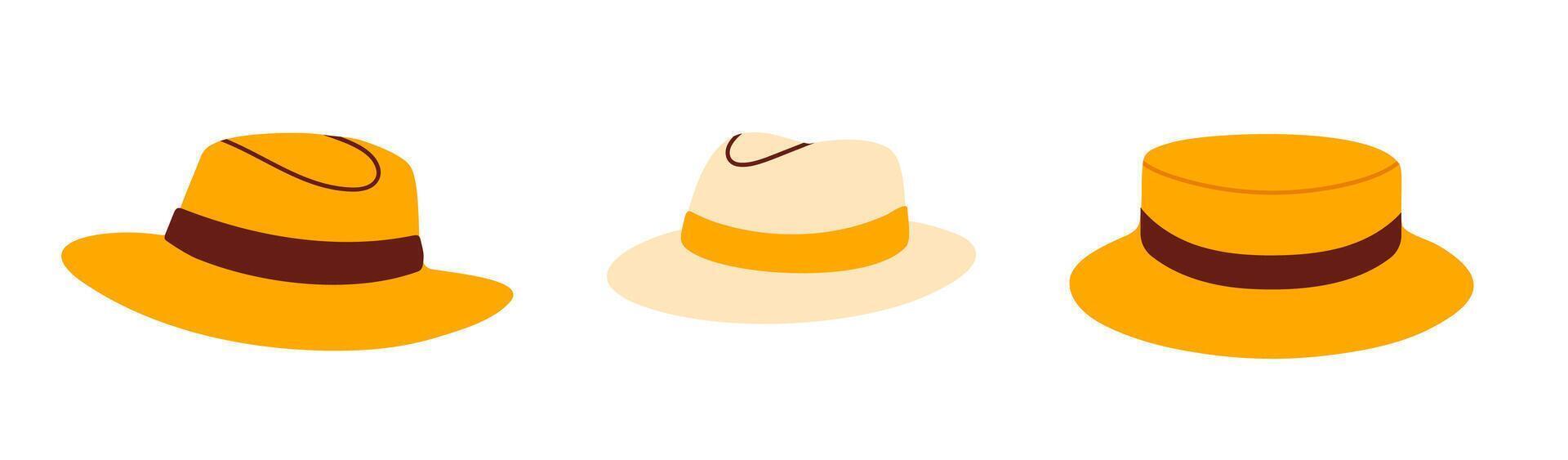 Set of classic summer straw hats with brims and ribbons, perfect for sunny weather and beach fashion vector