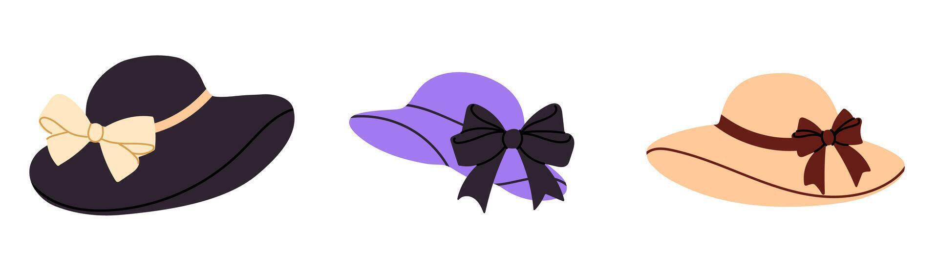 Set of elegant womens summer hats with decorative bows in black, purple and beige vector