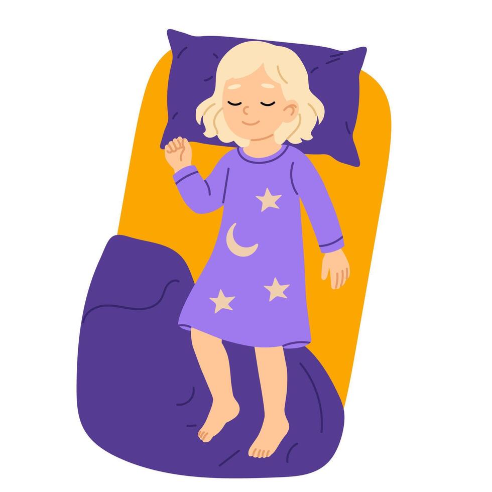 Illustration of a little blonde girl sleeping peacefully in bed. She is wearing a purple nightgown with moon and star patterns. Cozy bedtime scene with pillow and blanket. vector