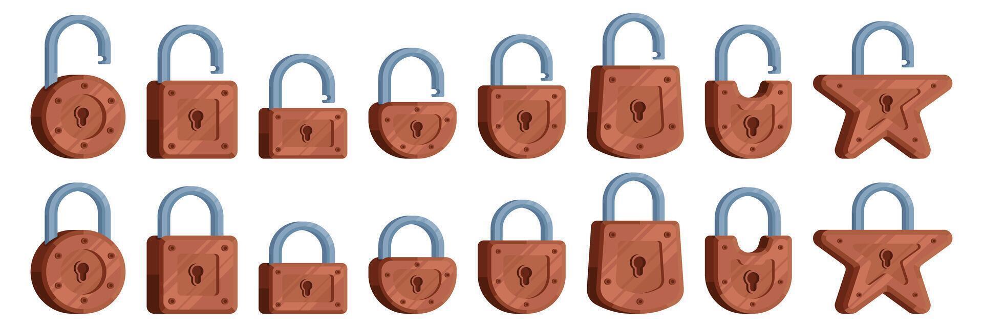 Set of illustrations of locks of different shapes in brown color in modern detailed style vector
