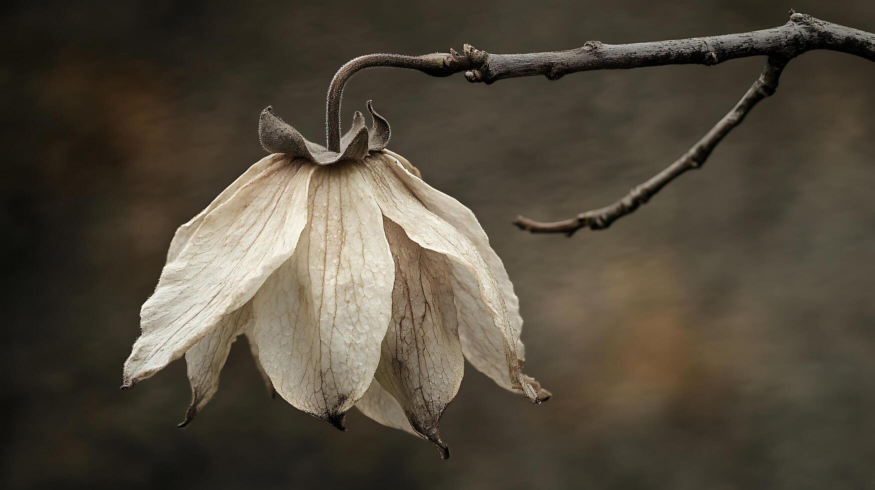 A dead flower hanging from a branch photo