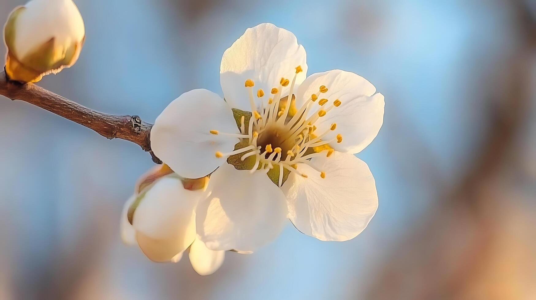A white flower is shown on a branch photo