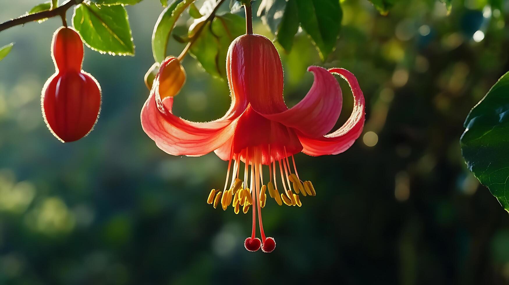 Red flower is hanging from a tree, flower image photo