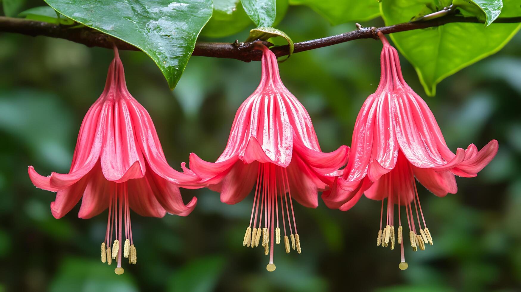 Three pink flowers hanging from a tree branch photo