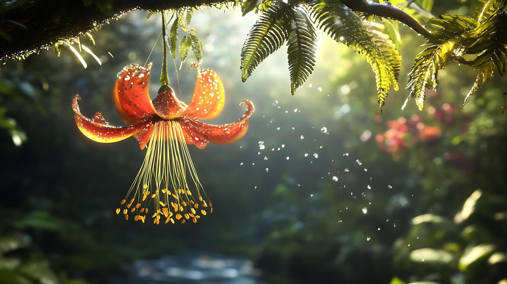 A flower hanging from a tree in the jungle photo
