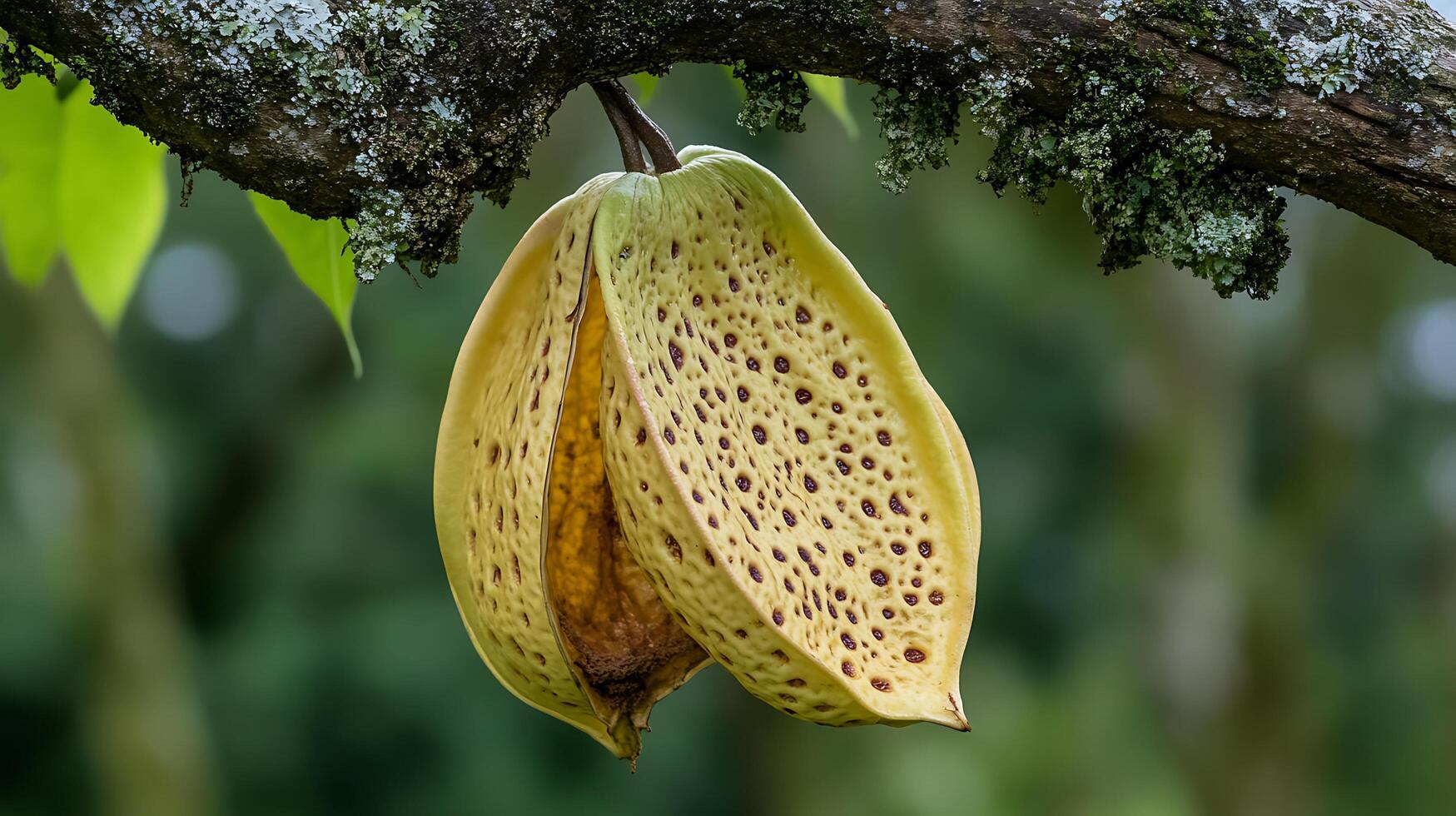 A cocoa pod hanging from a tree photo