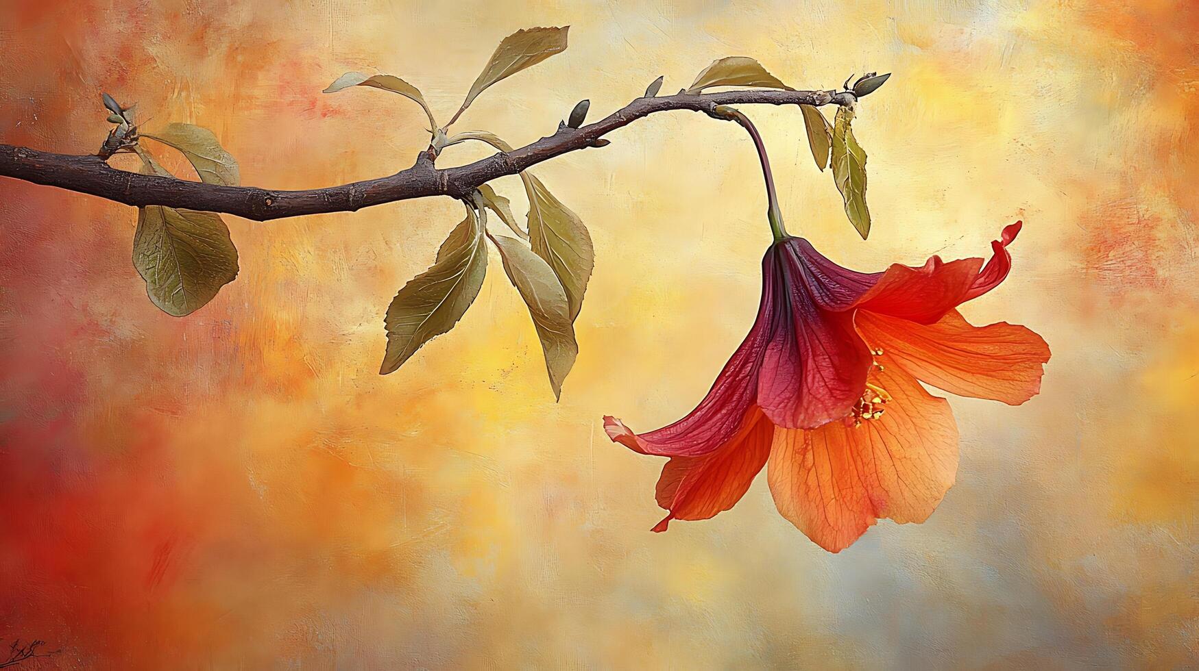 A painting of a flower hanging from a branch photo