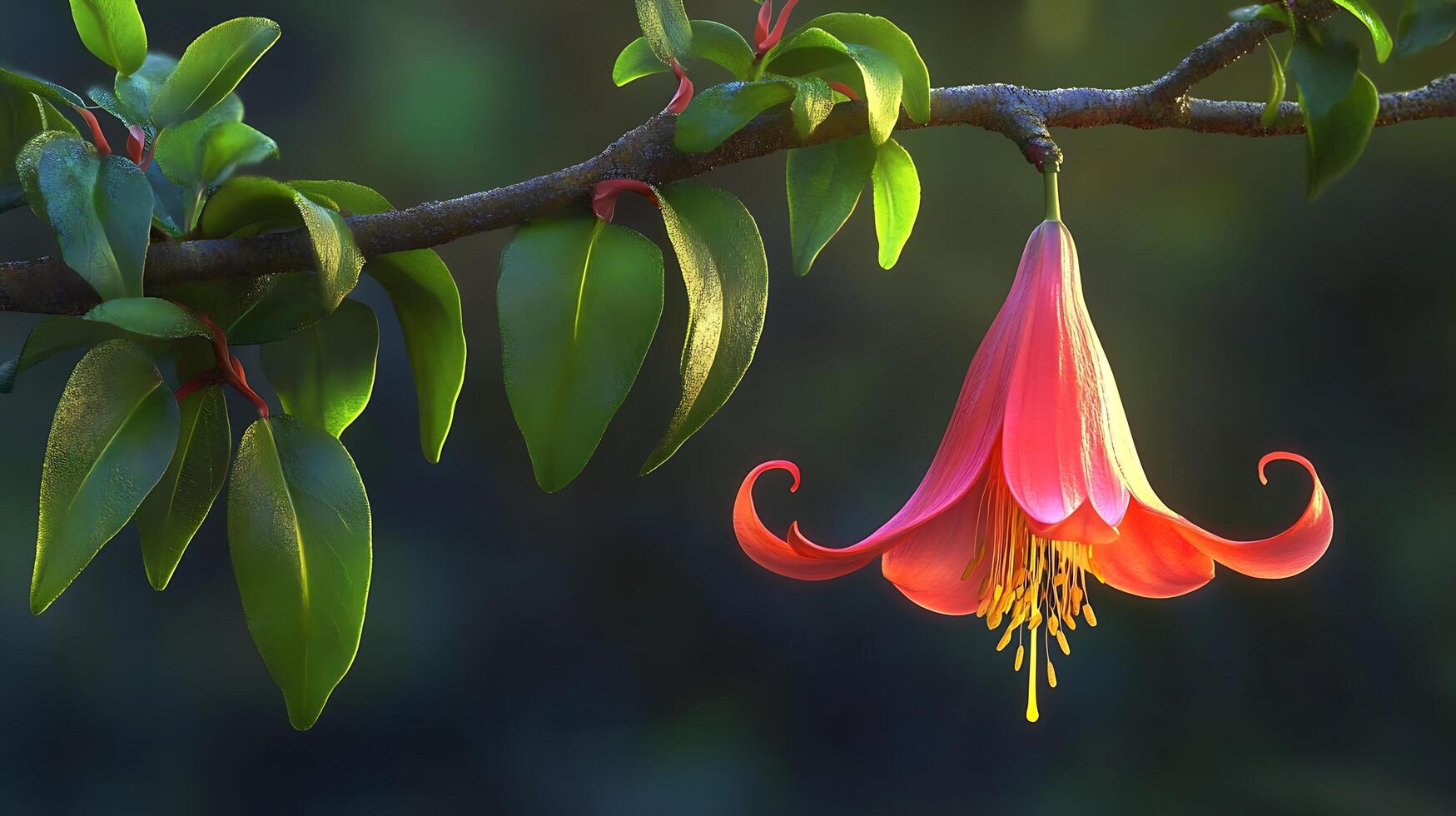 A flower is hanging from a tree branch, wallpaper of flower photo