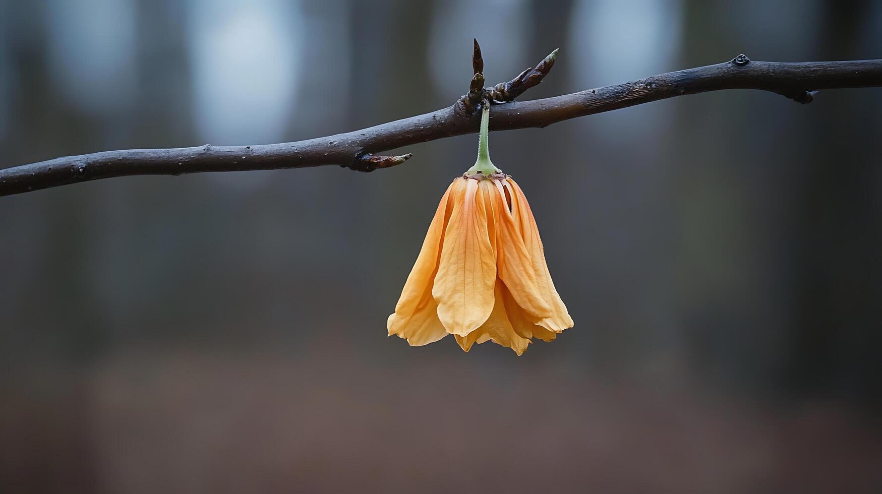 A single orange flower hangs from a branch photo