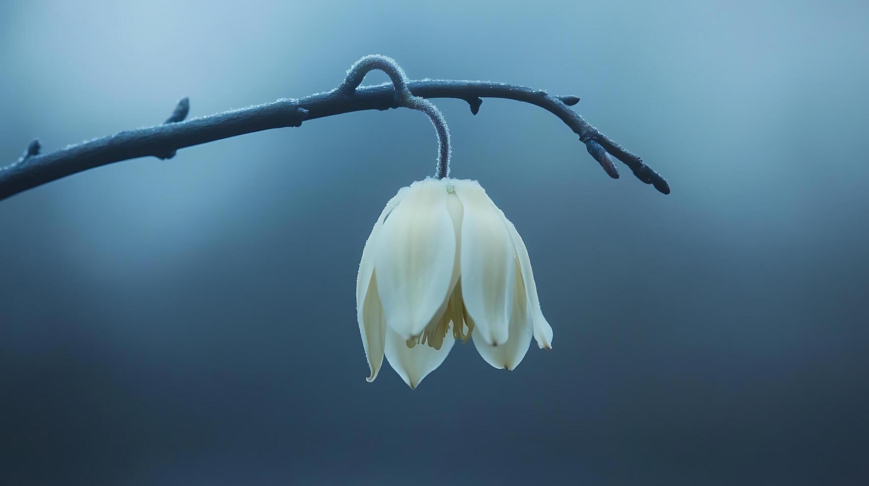 A white flower is hanging from a branch photo