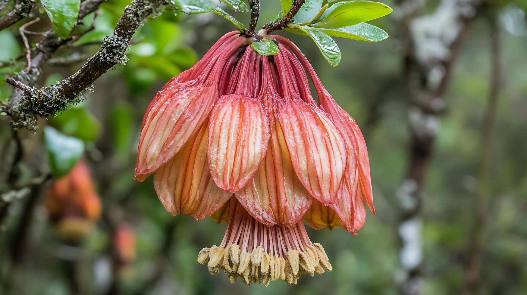 A flower hanging from a tree branch, flower image photo