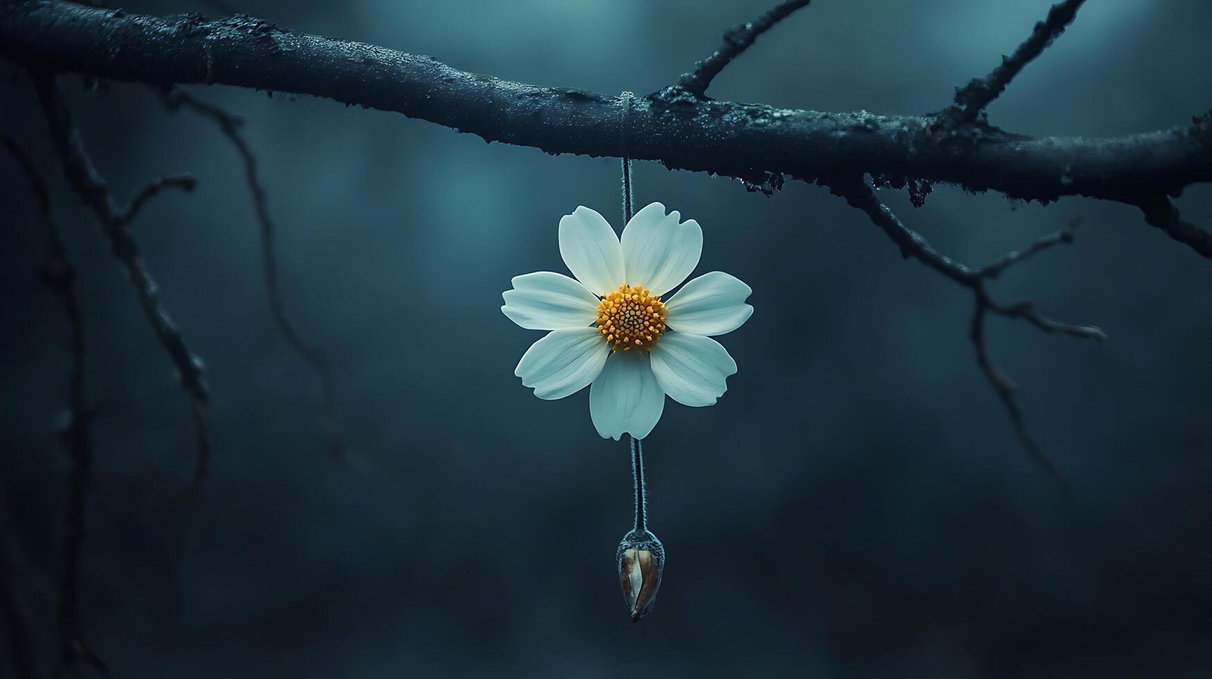 A white flower hanging from a branch in the dark photo