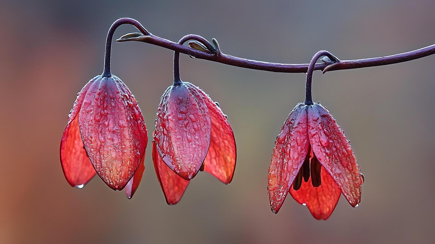 Three red flowers hang from a branch photo