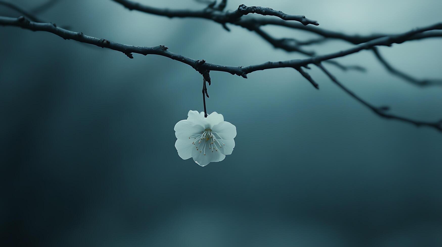 A single white flower is hanging from a branch photo