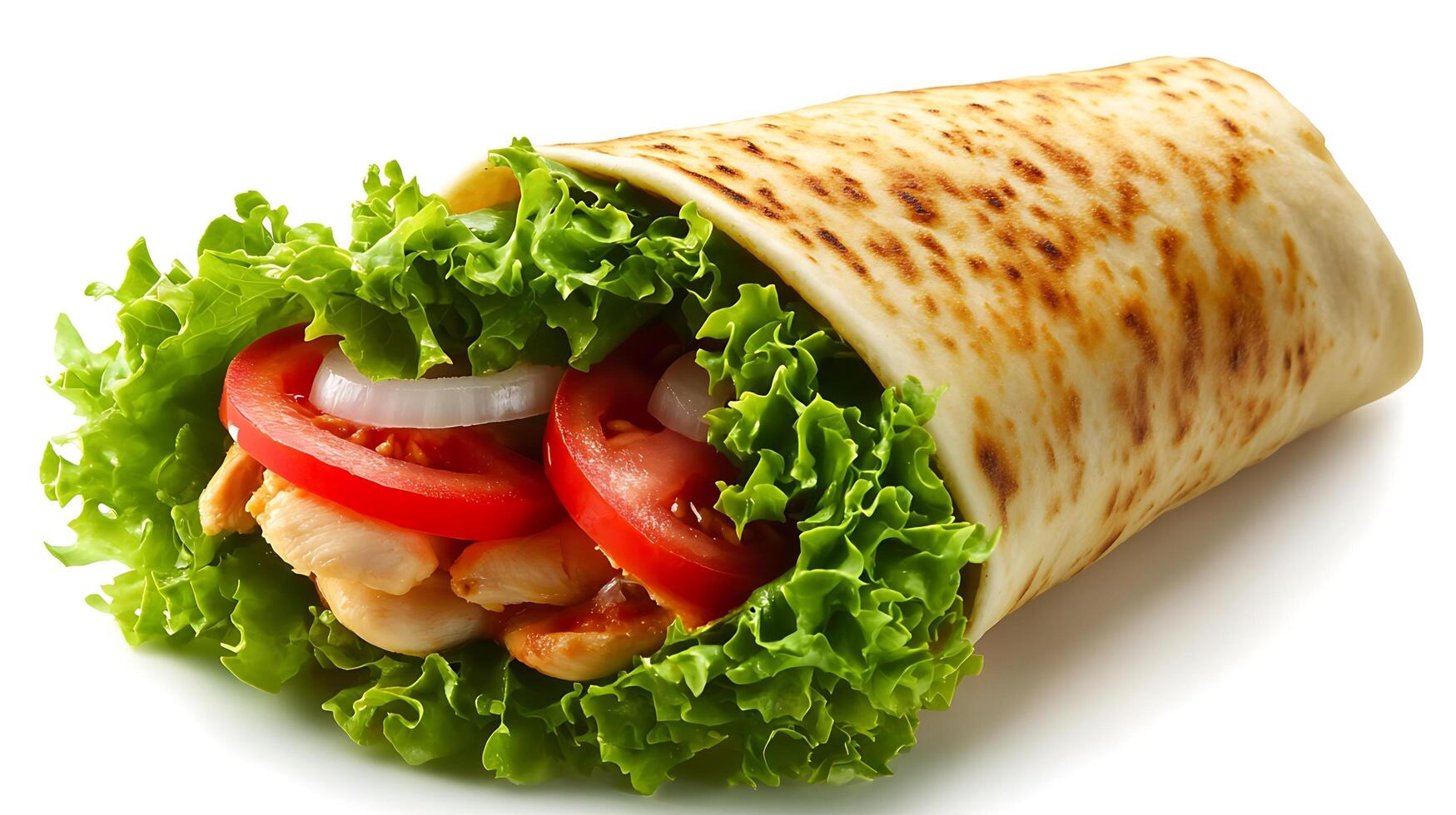 a wrap with chicken, lettuce and tomatoes, food image photo