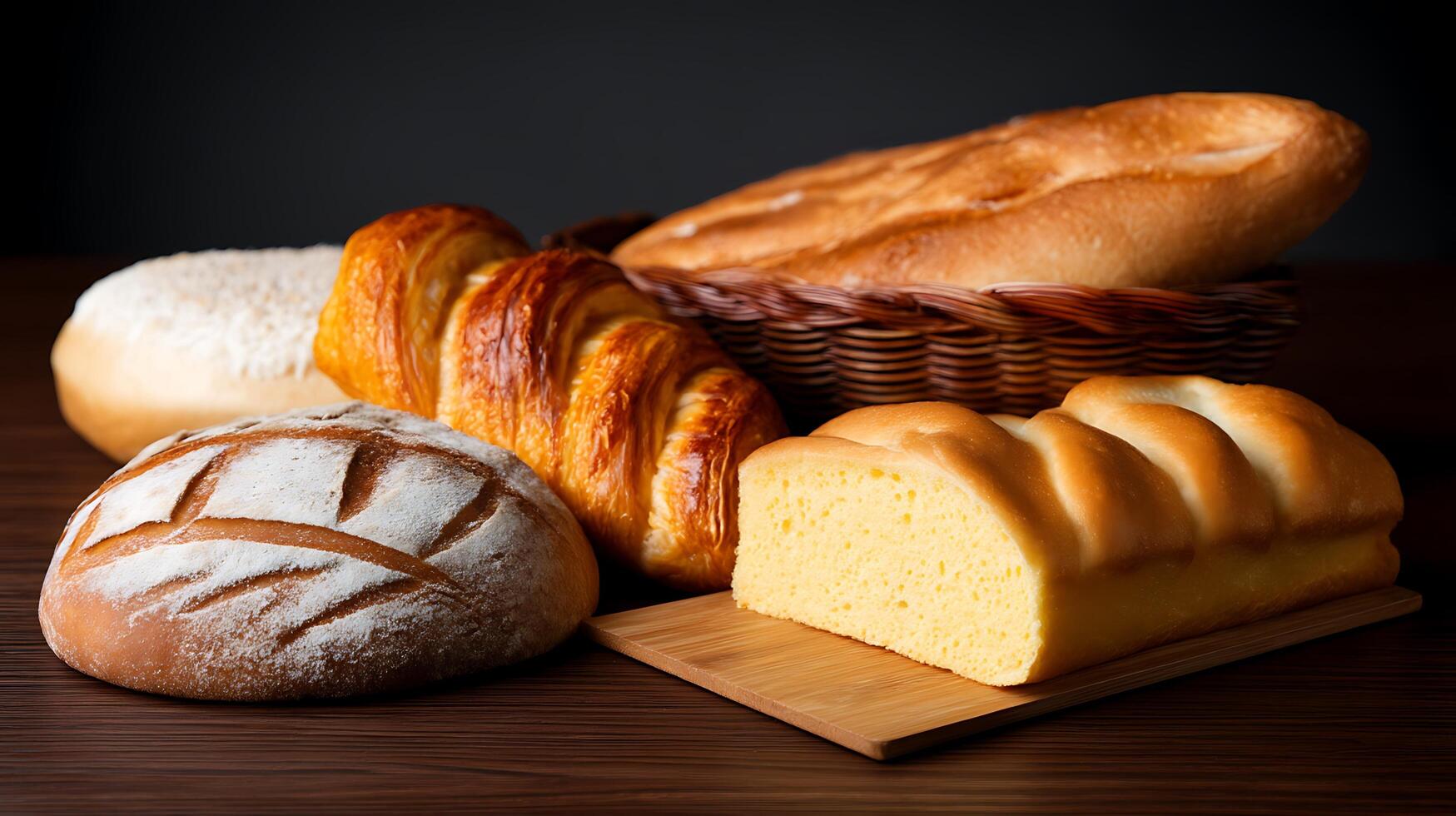 Various types of bread on a wooden table photo