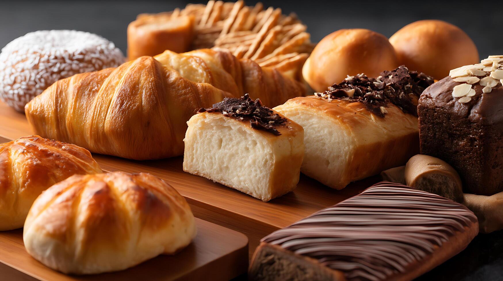 Various types of breads and pastries on a wooden tray photo