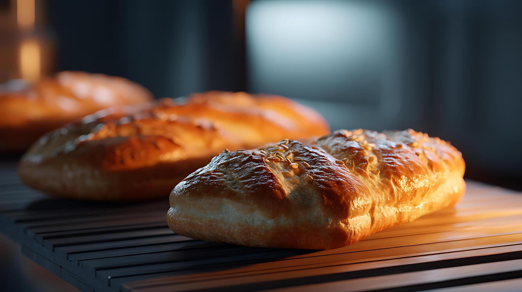 A row of breads on a conveyor belt photo