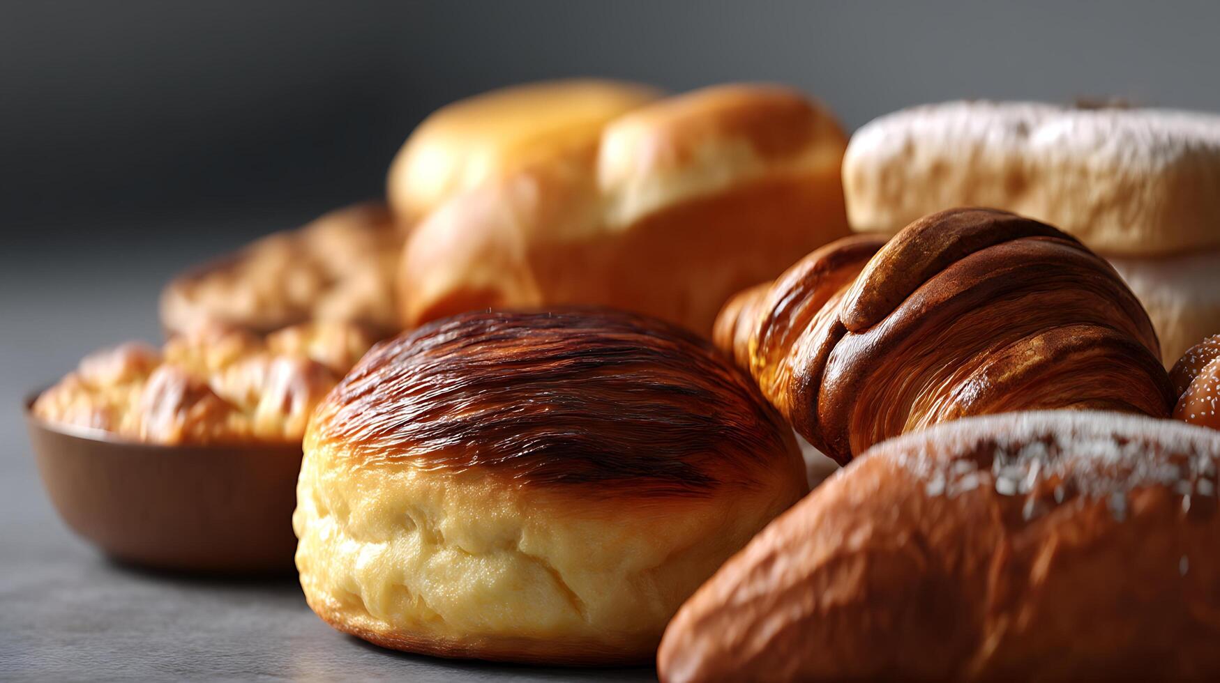 A variety of breads and pastries on a table, photo of foods