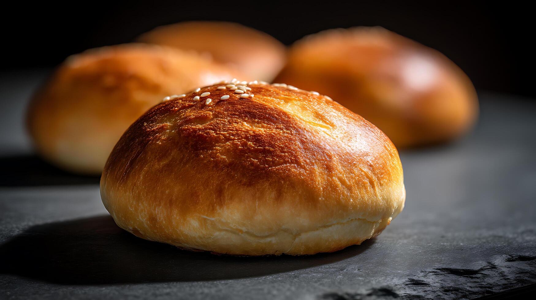 Three buns on a black slate surface photo