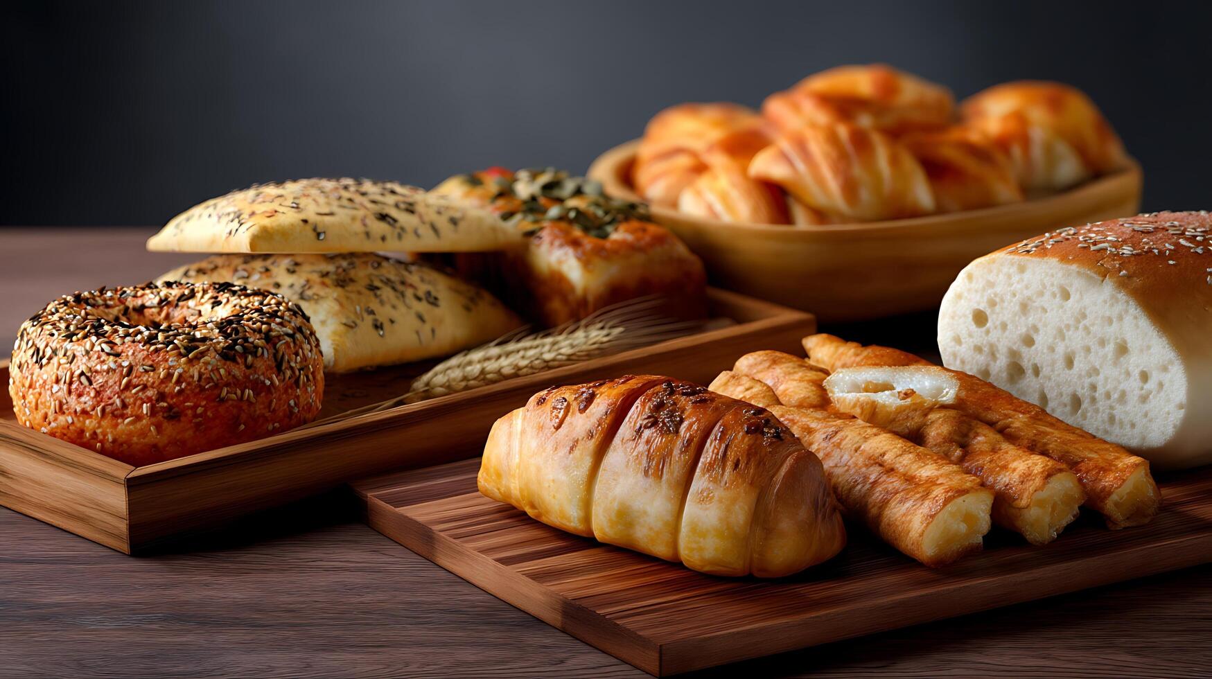 A wooden tray with bread, rolls and other baked goods photo