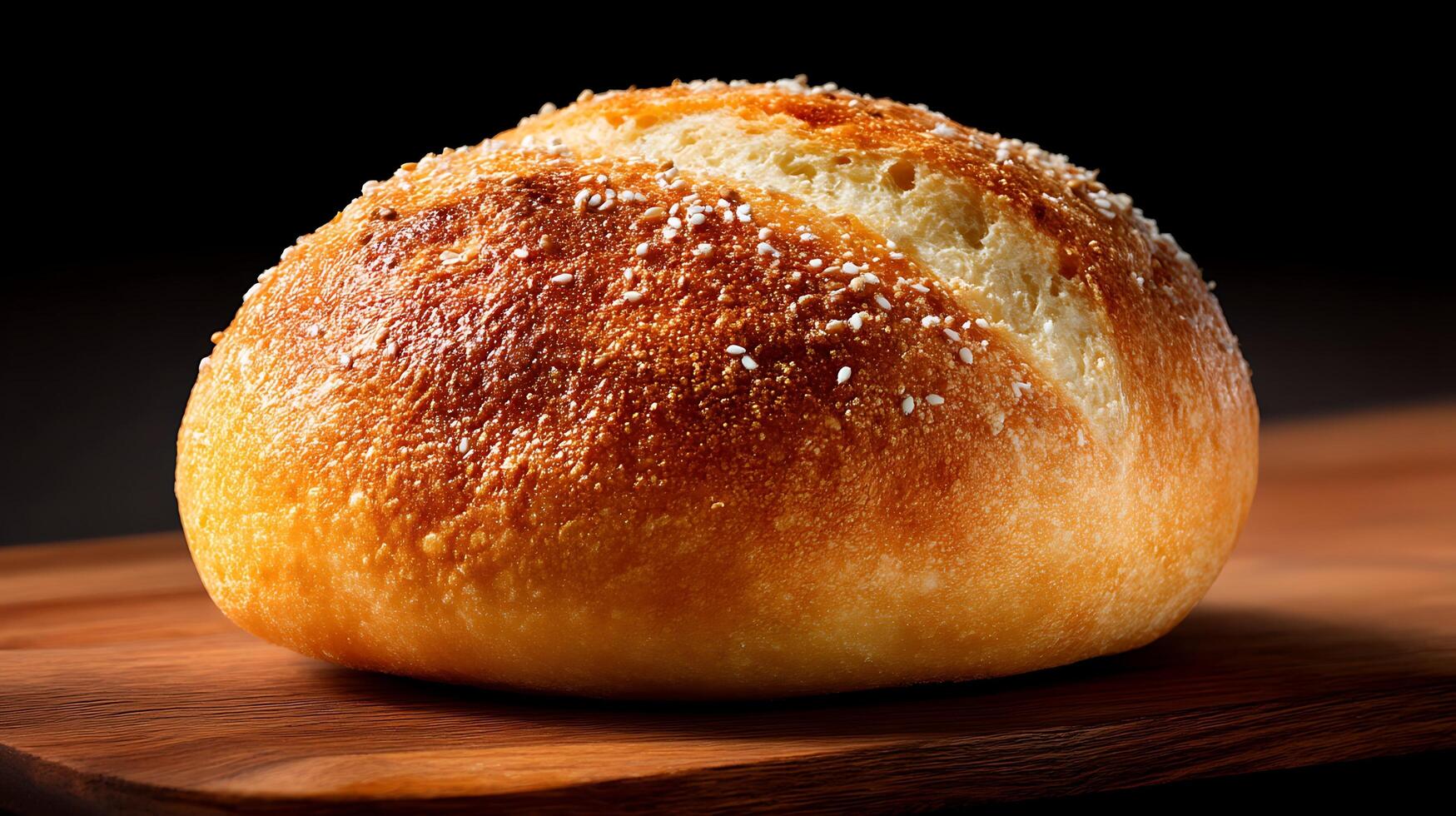 A loaf of bread sitting on a wooden board, bakery food photo