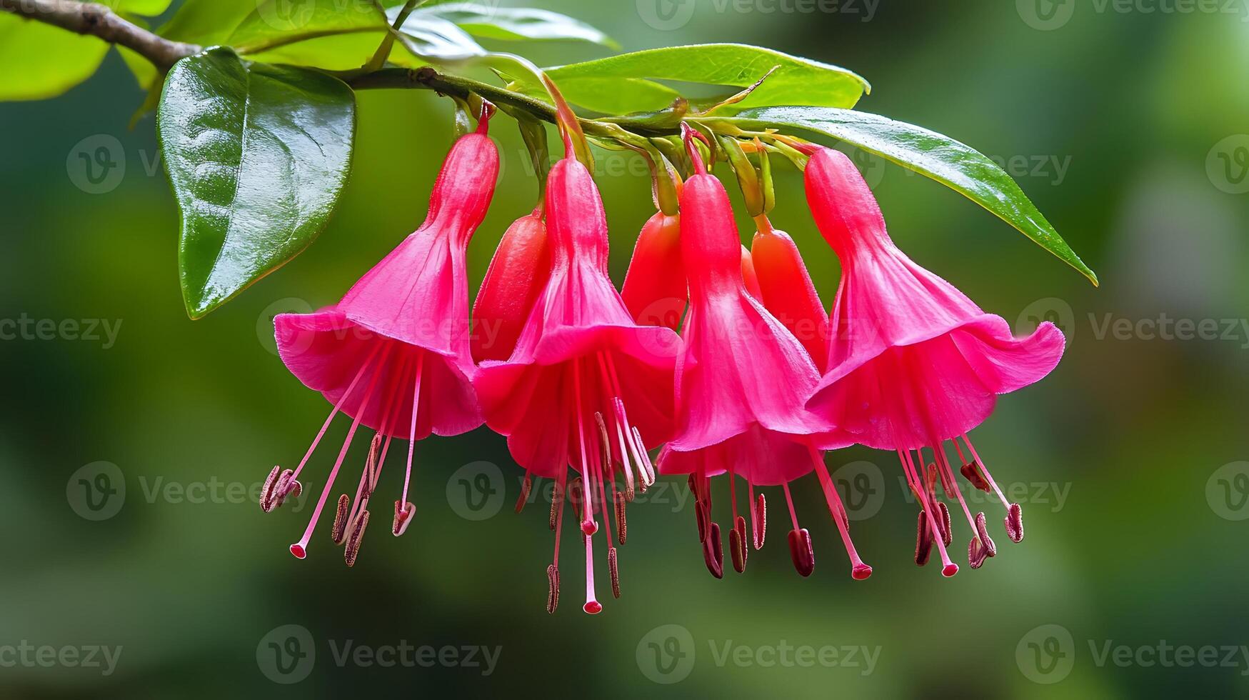 Fuchsia flowers are pink and have green leaves photo