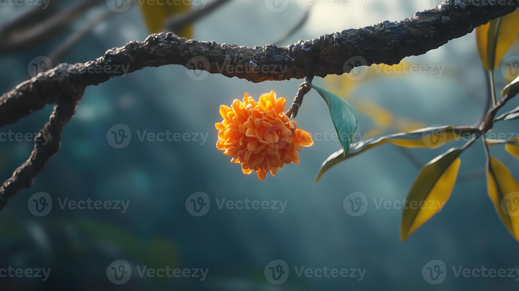 Orange flower on tree branch in the forest photo
