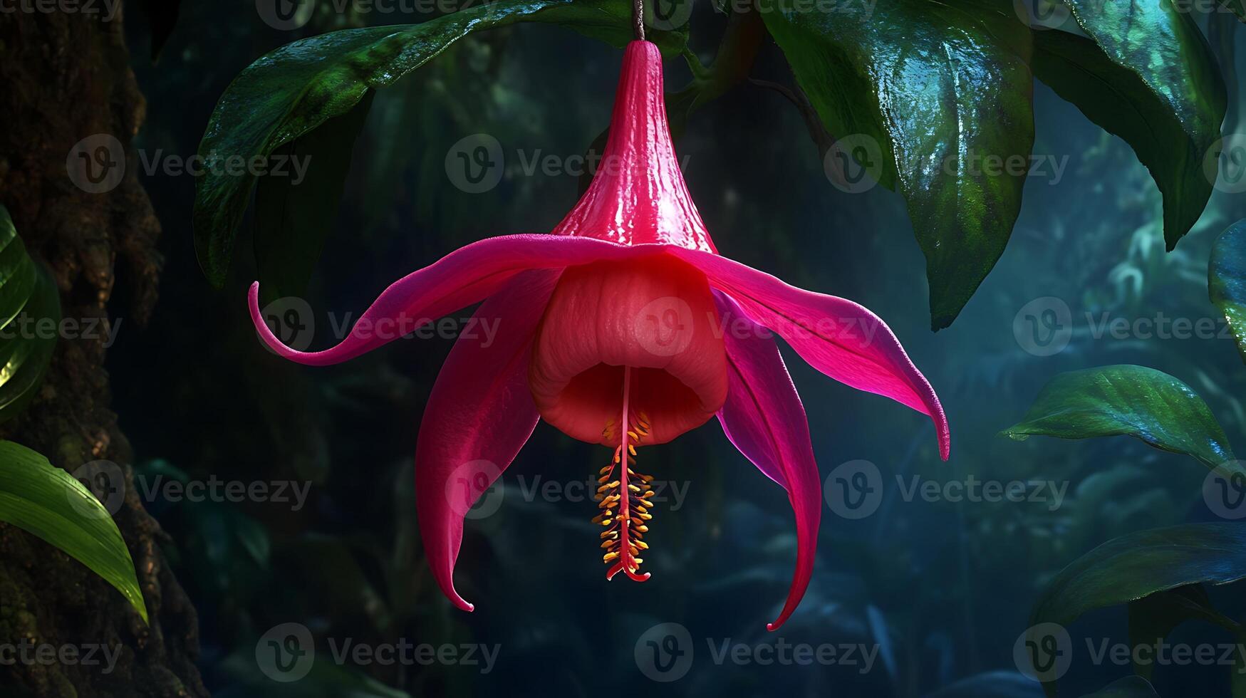 A pink flower hanging from a tree, image of flower photo