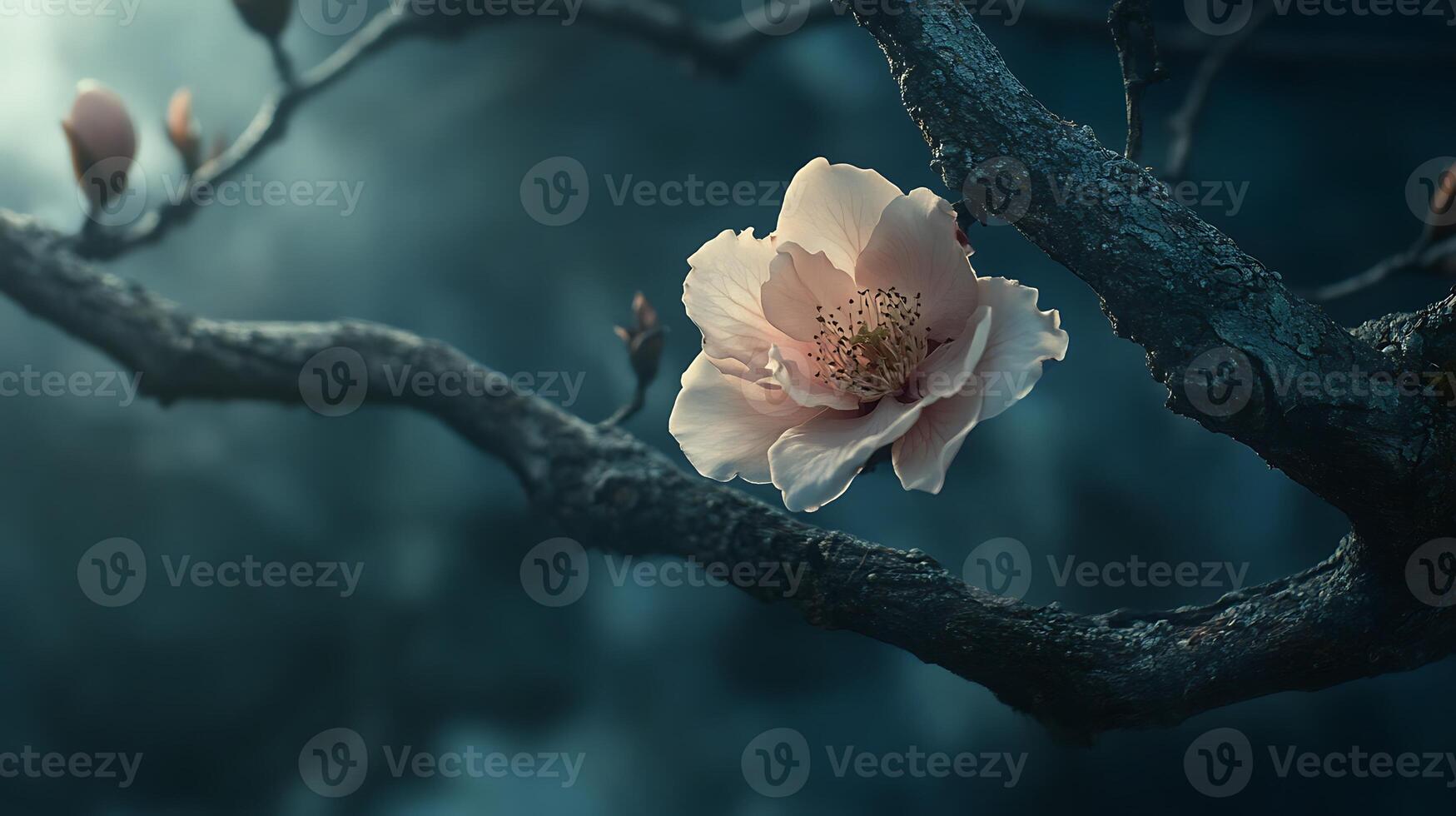 A single pink flower on a branch in front of a dark background photo