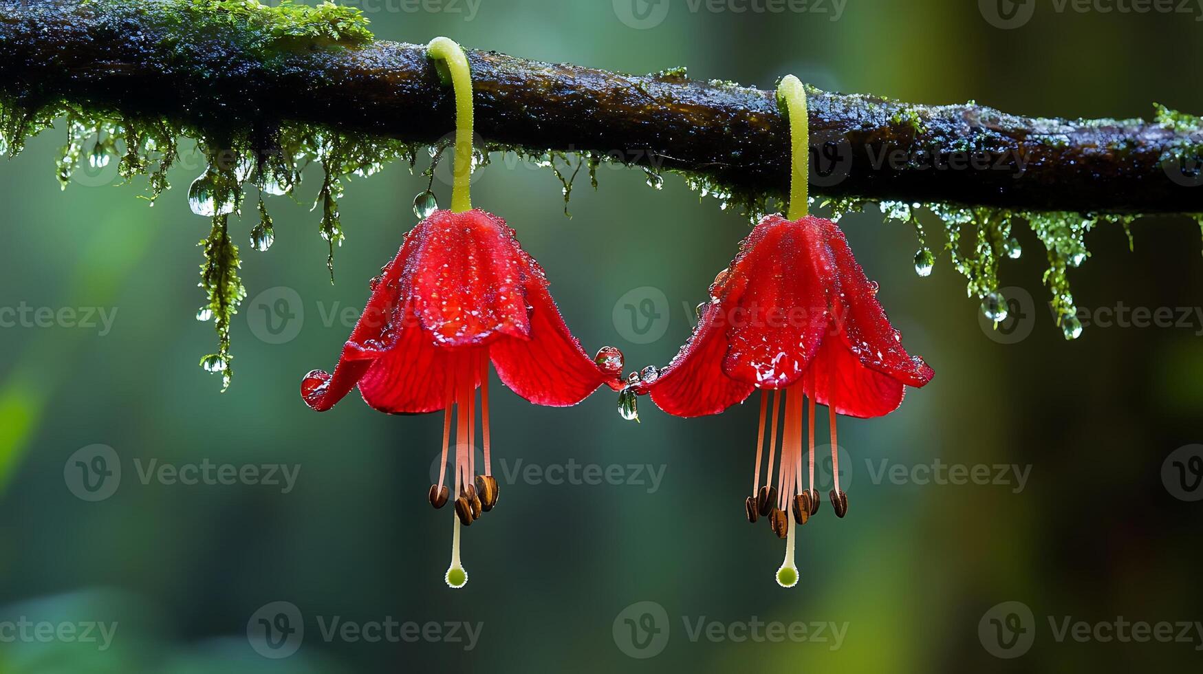 Two red flowers hanging from a branch with water droplets photo