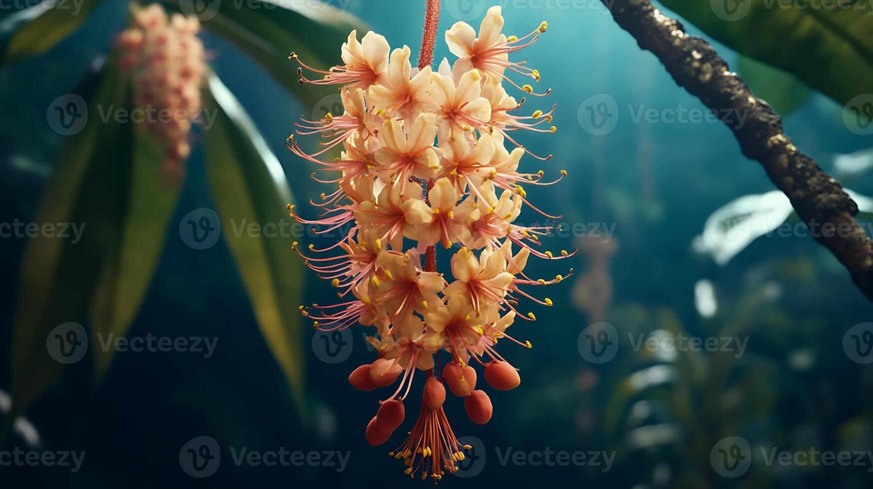 A bunch of flowers hanging from a tree, flowers photo, image of flowers photo