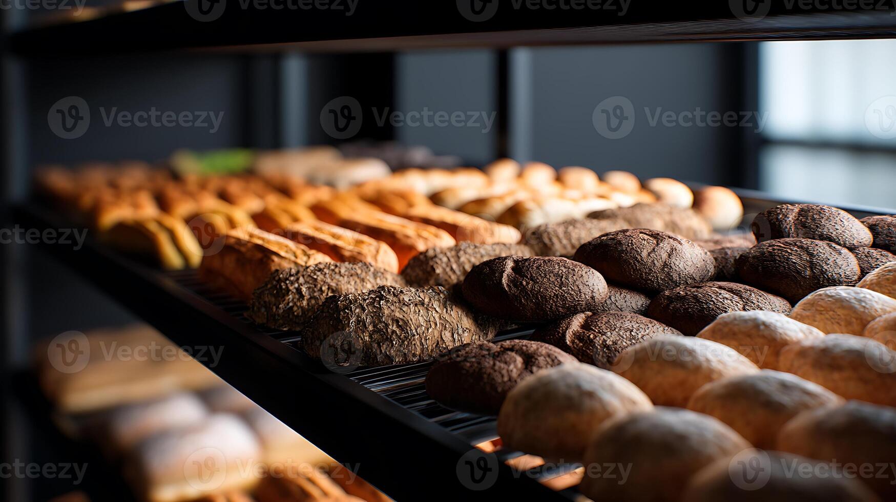 A shelf filled with various types of pastries photo