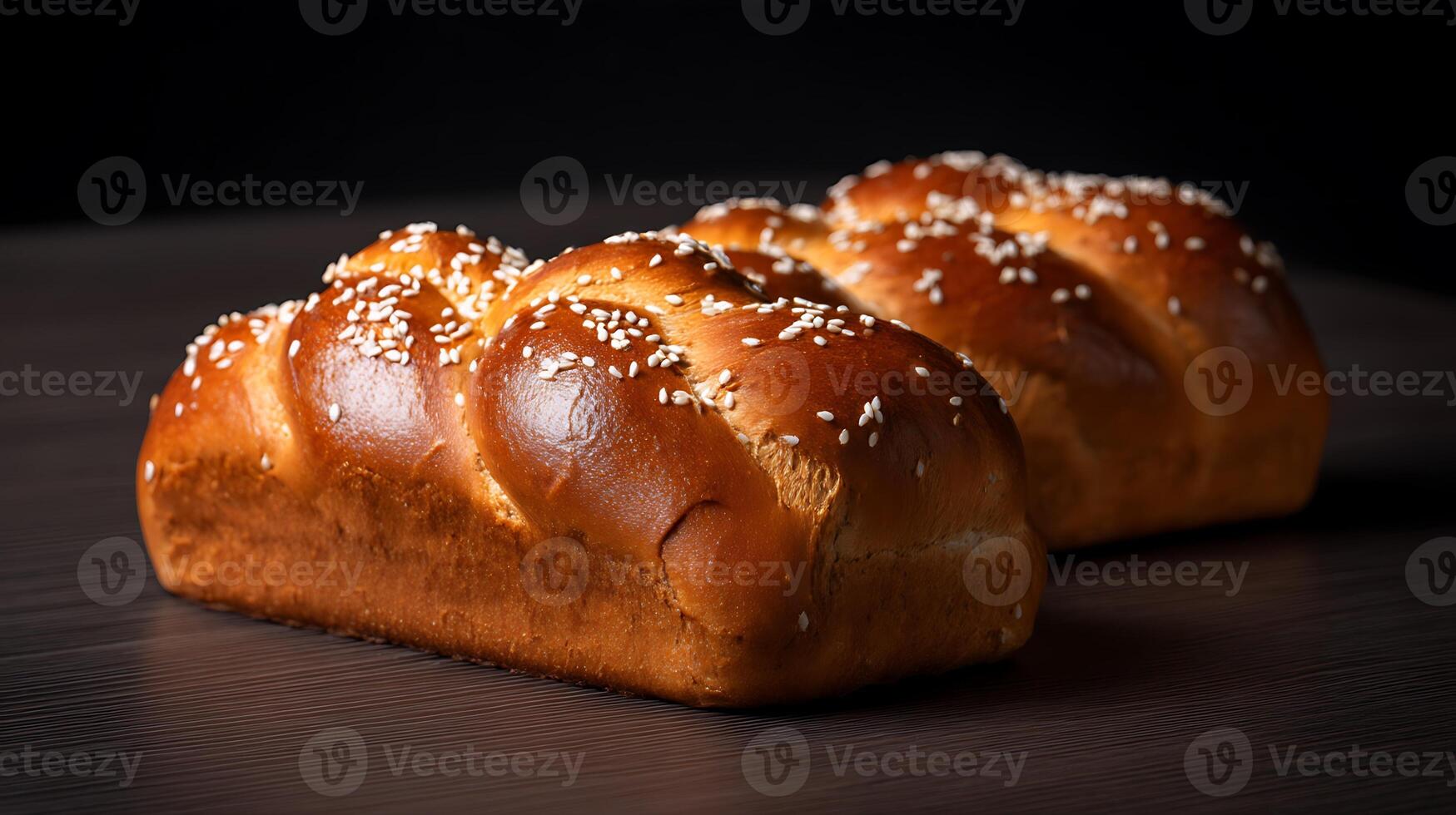 Two buns with sesame seeds on top of a table photo