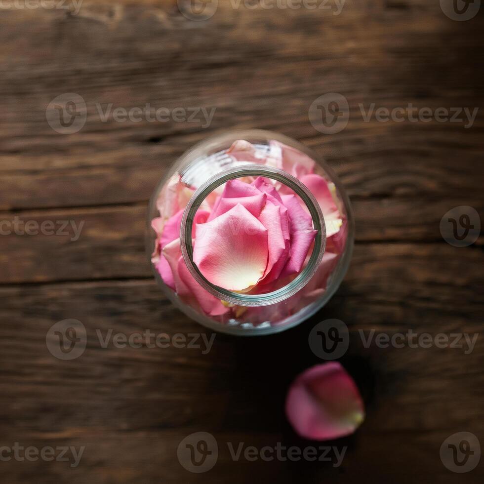 Glass jar filled with pink rose petals top view on rustic wooden surface romantic floral composition photo