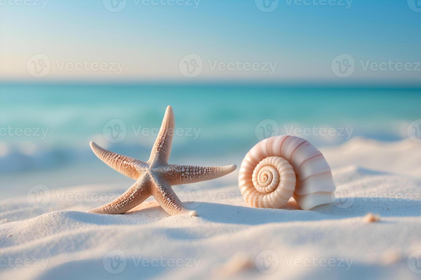Starfish and seashell on tropical beach with turquoise sea background photo