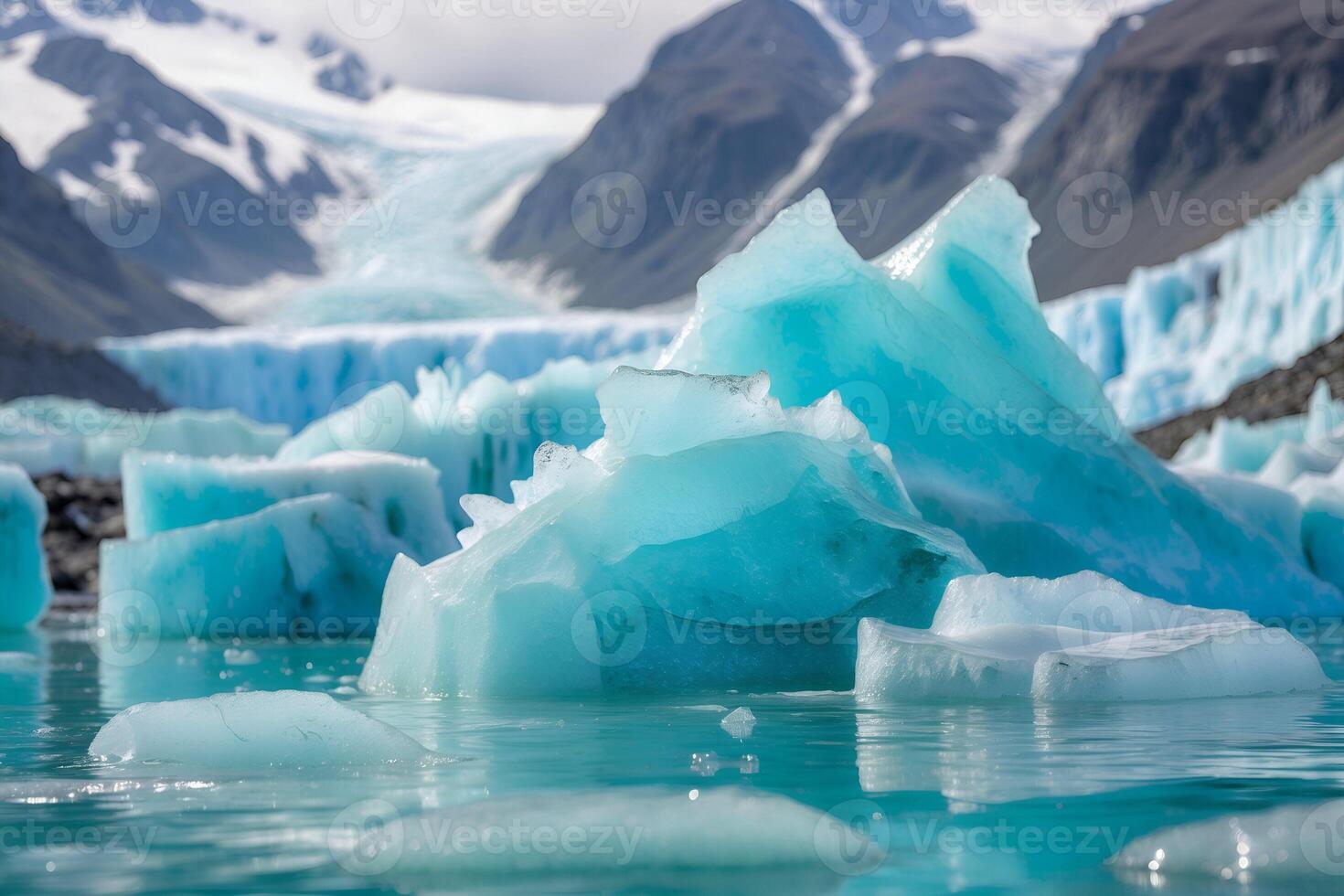 Turquoise icebergs floating in glacial lake surrounded by majestic mountains photo