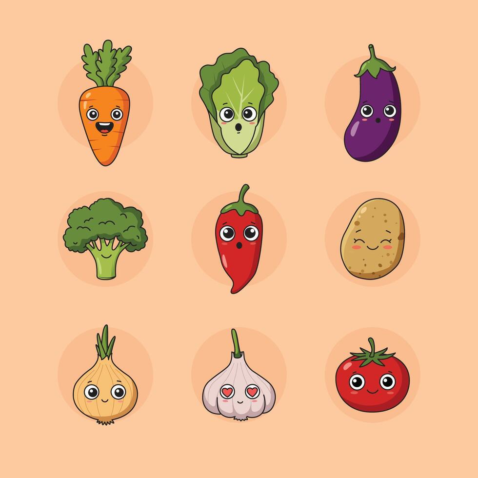 Nine Cute Cartoon Vegetables with Expressive Faces vector