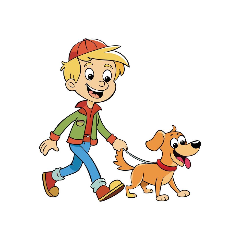Joyful Cartoon Boy Walking with Pet Dog isolated on white background vector