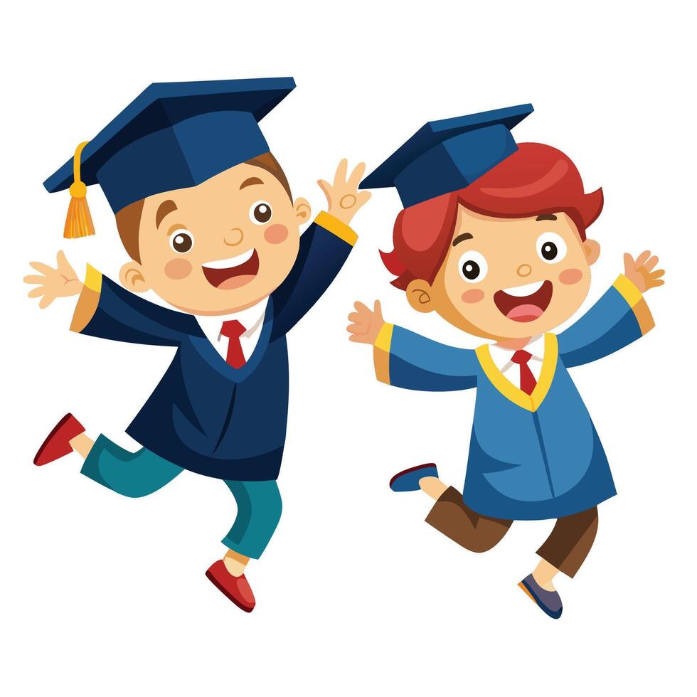 Cartoon two graduating jumping kids isolated on white background vector