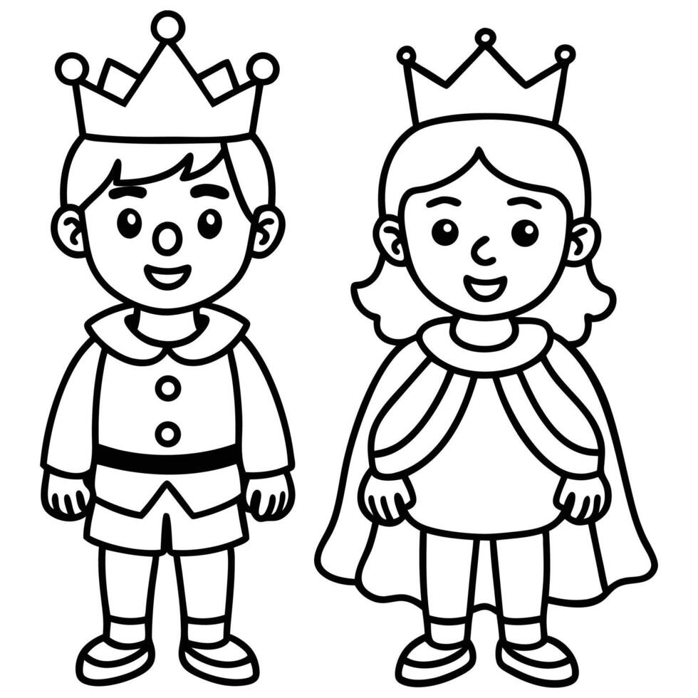 Cute Cartoon children characters with king and queen costume outline vector