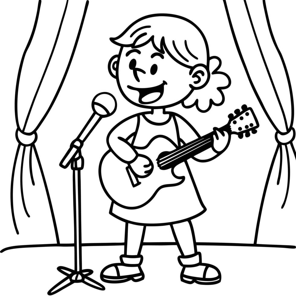 Outline of a little girl singing while playing guitar on stage cartoon character vector